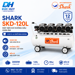 Máy Nén Khí Không Dầu Giảm Âm Shark SKD-120L 3000W 120L Cho 5–6 Ghế Nha Kho